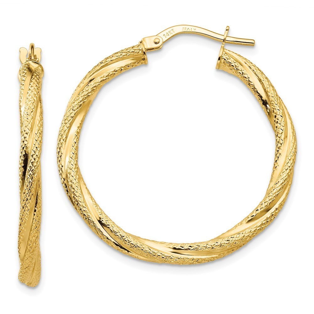 14k Yellow Gold Twisted Textured Hoop Earrings 31 L x 32 mm W